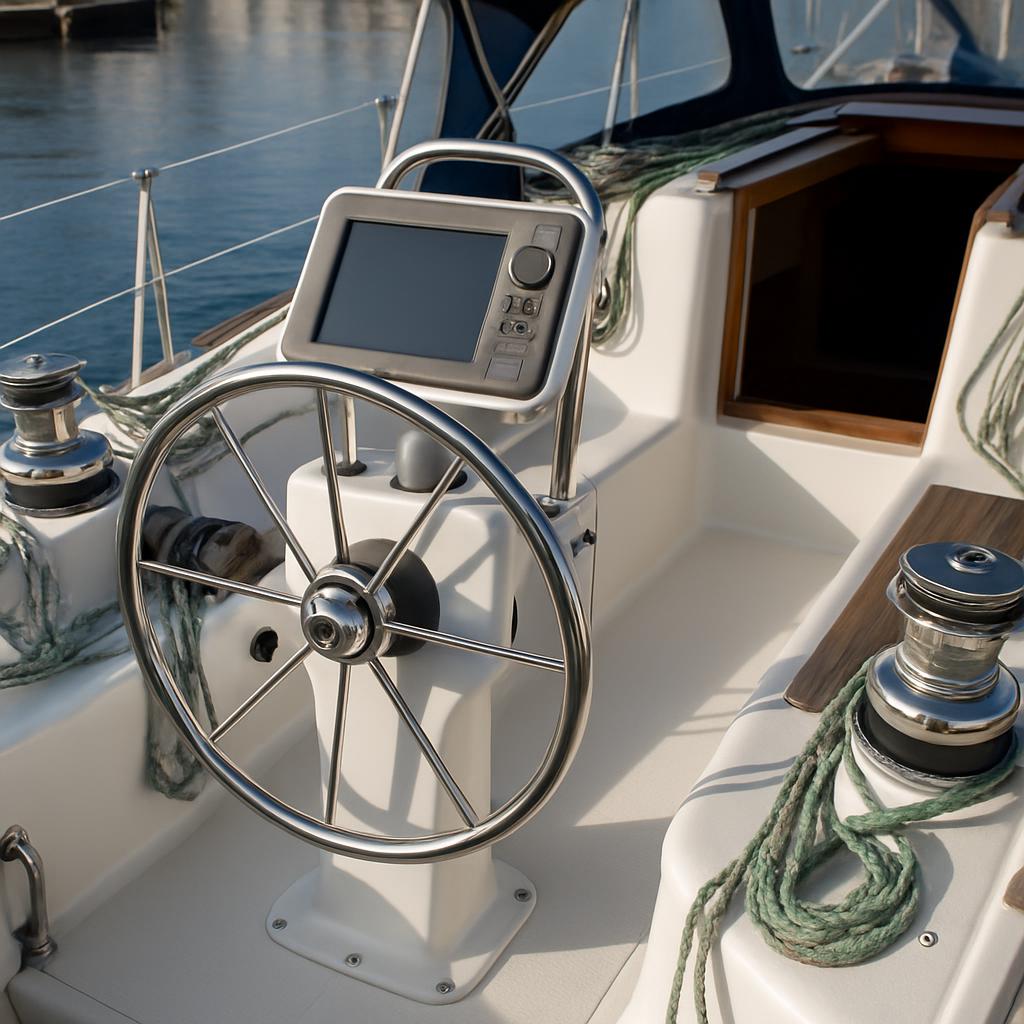 (Boat wheel on a boat tied with ropes)